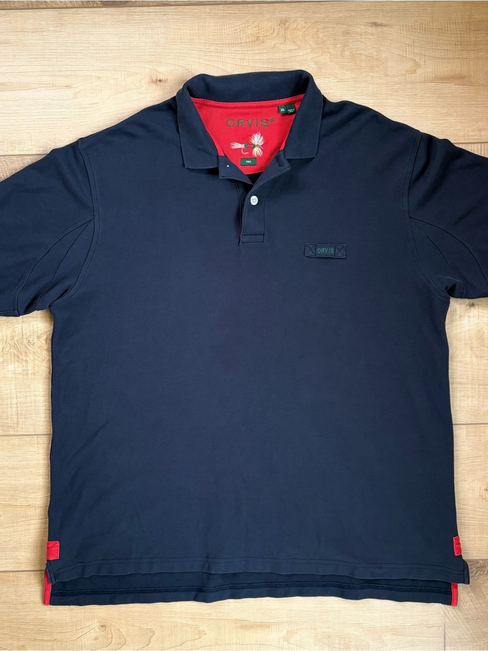 Men's 100% Cotton Orvis Fly Fishing Navy Polo Shirt. Size XL Tall.